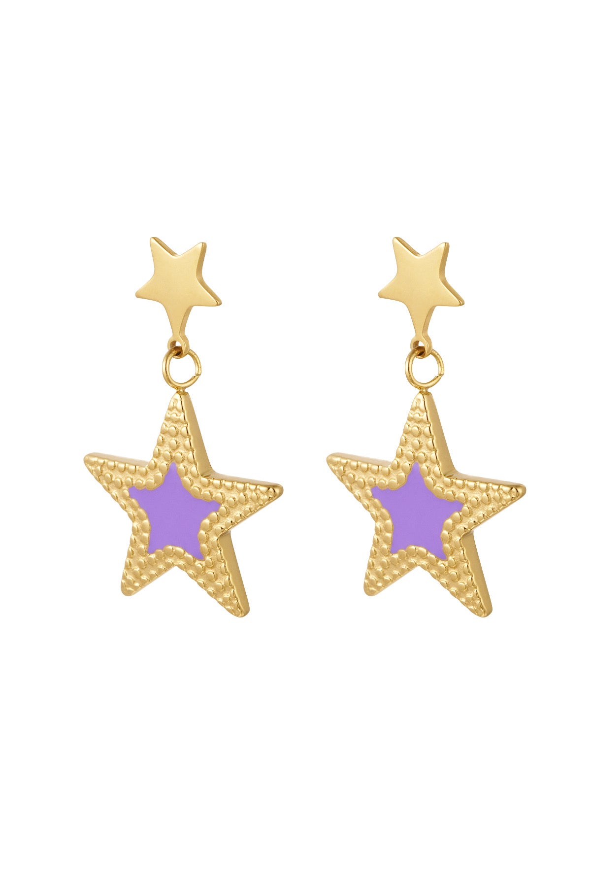 Gouden stervormige oorbellen met paarse details van Louxx the brand. Perfect voor een speelse look, deze oorbellen zijn een must-have accessoire. Oorbellen | Sterren.