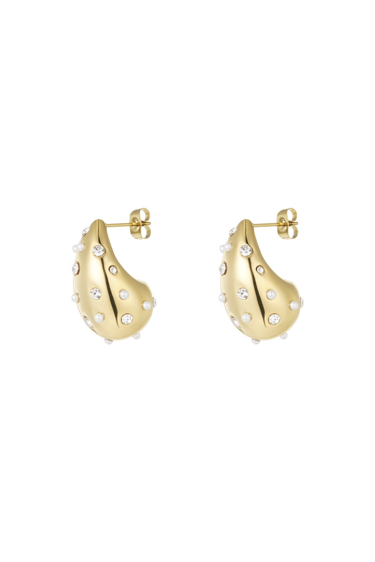 Gouden druppel oorbellen van Louxx the brand met kristallen details. Perfect voor elke gelegenheid.