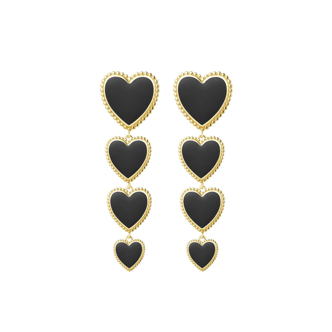 Stylish Louxx the brand hartjes oorbellen goud met vier hartvormige schijven in zwart en een gouden rand. Perfect voor een trendy look!