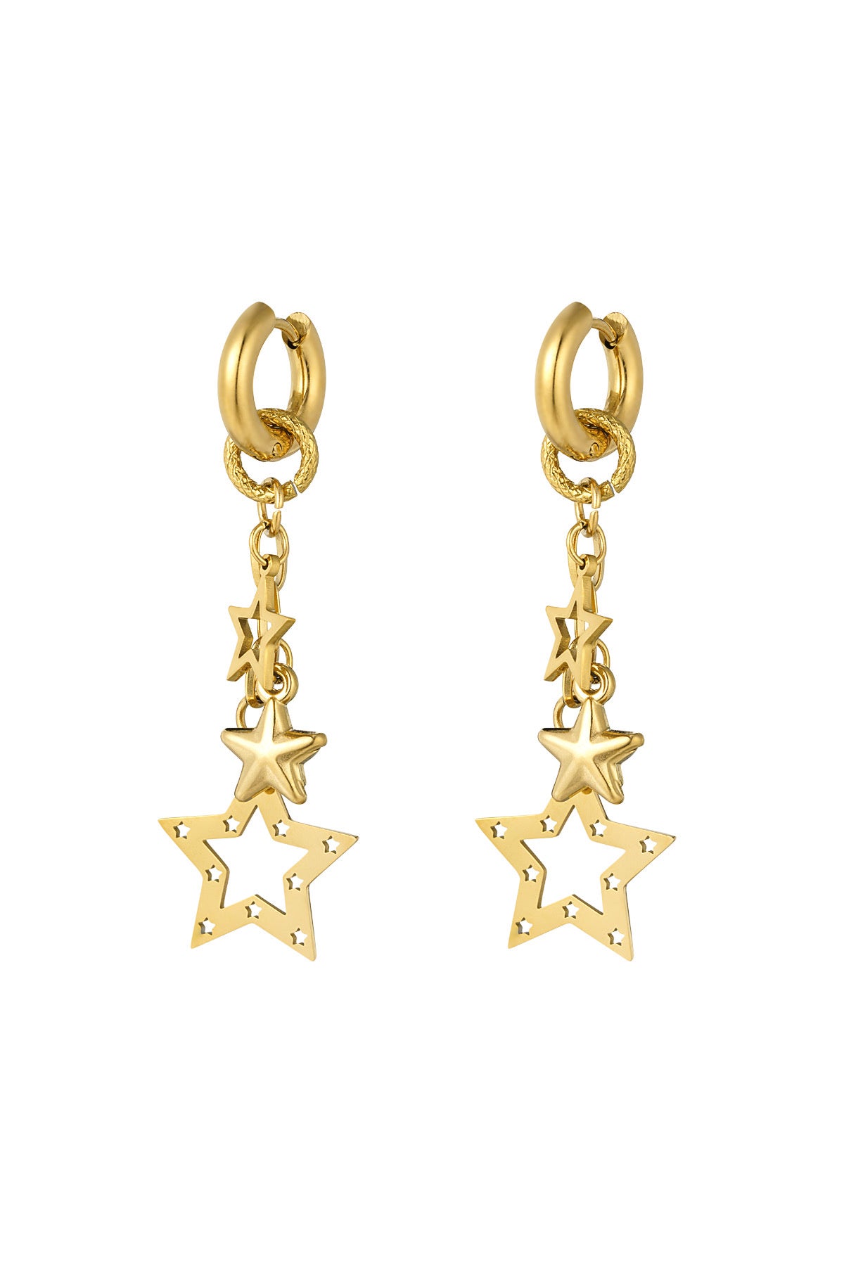 Prachtige gouden sterren oorbellen van Louxx the brand, met een trendy ontwerp dat bestaat uit hangende sterren. Deze oorbellen zijn perfect voor een stijlvolle look.