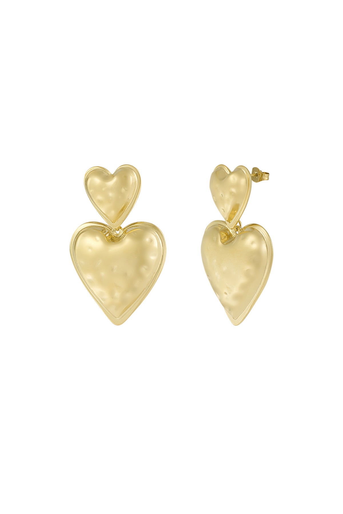 Oorbellen van Louxx the brand in de vorm van gouden harten. Bijzonder ontwerp met een grote en een kleine hartvorm, perfect voor elke gelegenheid. Gouden hart oorbellen.