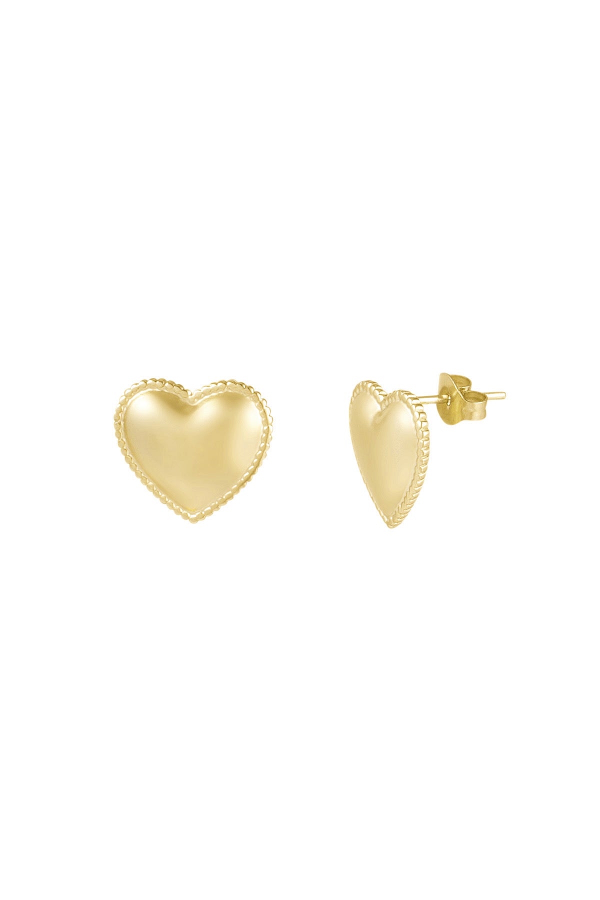 Gouden hart oorbellen van roestvrij staal met een subtiel gedetailleerde rand ā tijdloos, waterproof en hypoallergeen. Perfect voor elke look. Shop nu bij Louxx.nl