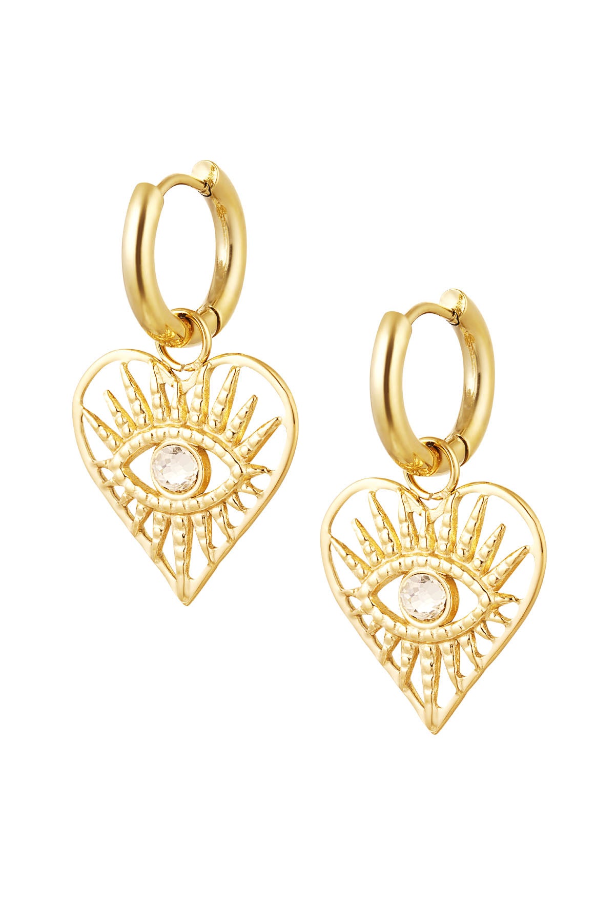 Exclusieve gouden oorbellen met een uniek symbool van een oog binnen een hart, perfect als statement sieraad.